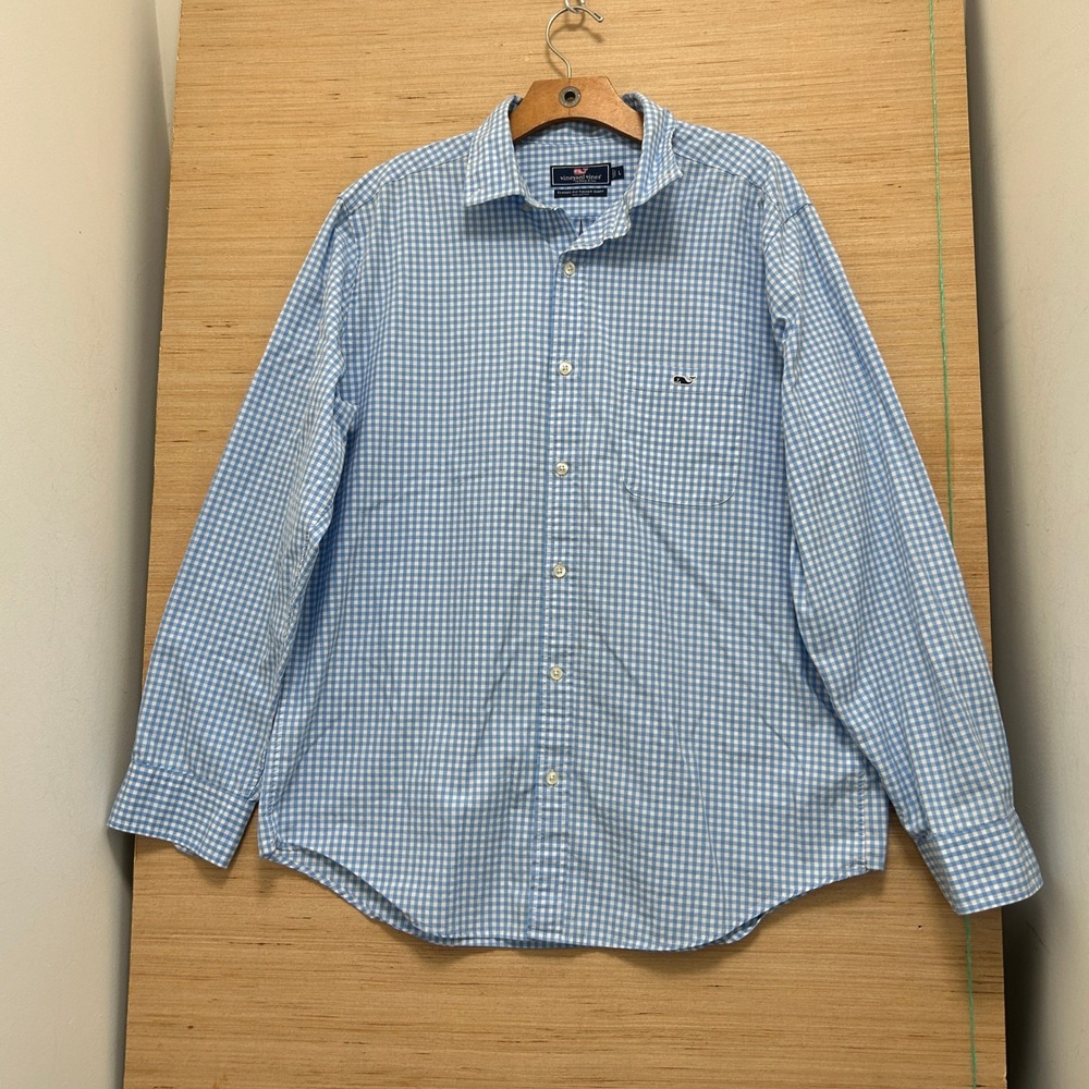 Vineyard Vines Mens Large Blue Gingham Classic Fit Tucker Shirt Long Sleeve